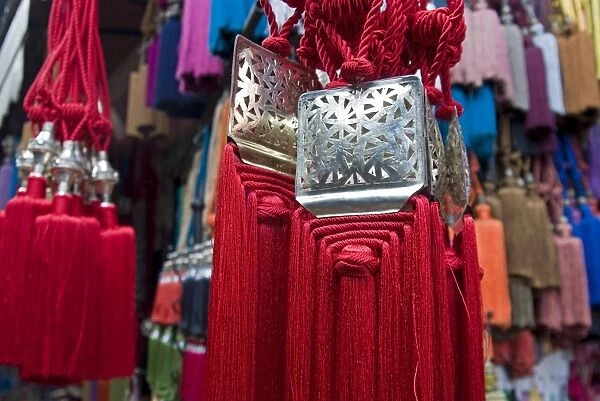 Tassels for sale in the souk, Marrakech (Marrakesh), Morocco, North Africa, Africa
