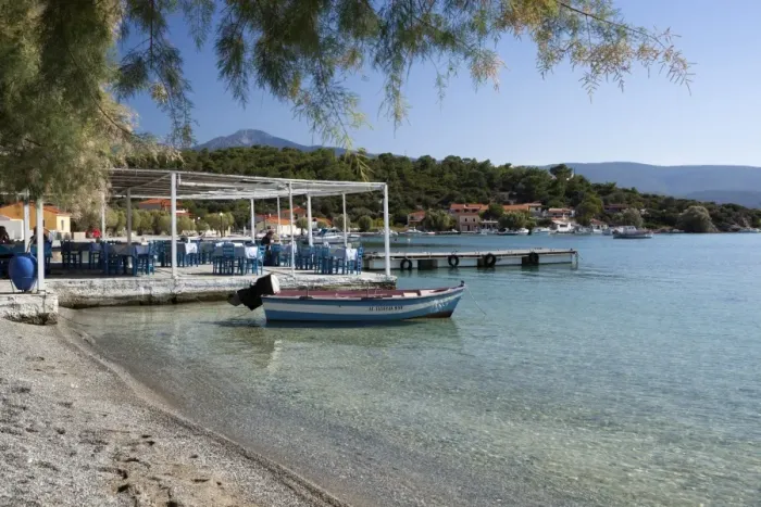 Framed Print : Taverna and beach, Posidonio, Samos, Aegean Islands, Greece Framed Print : Taverna and beach, Posidonio, Samos, Aegean Islands, Greece