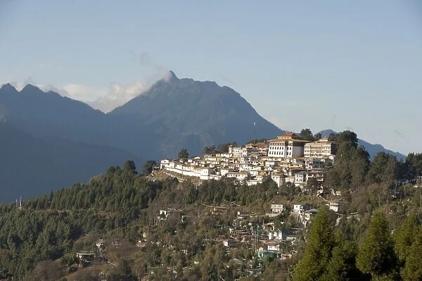 Tawang Buddhist monastery, Himalayan hills beyond, Tawang, Arunachal Pradesh, India, Asia