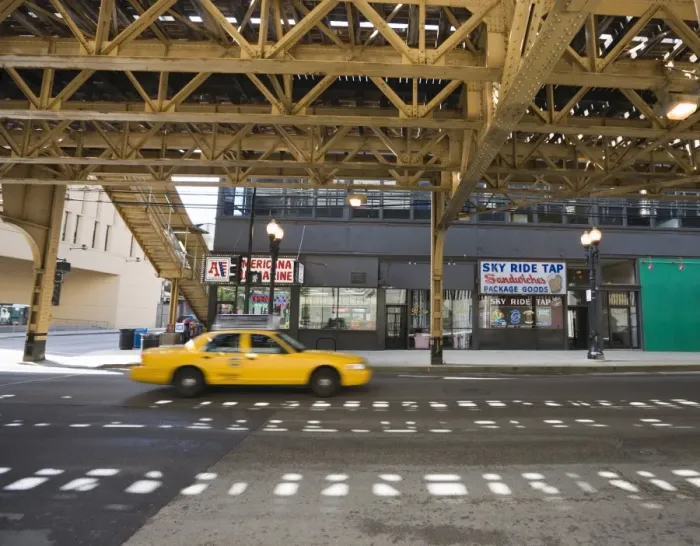 Framed Print : Taxi on a road under The El, elevated train system, The Loop, Chicago, Illinois Framed Print : Taxi on a road under The El, elevated train system, The Loop, Chicago, Illinois