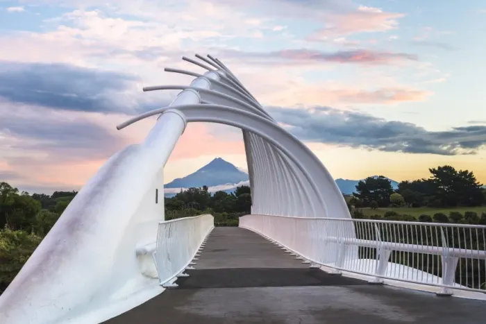 Framed Print : Te Rewa Rewa Bridge at sunset with Mount Taranaki (Mount Egmont) behind, Taranaki Region Framed Print : Te Rewa Rewa Bridge at sunset with Mount Taranaki (Mount Egmont) behind, Taranaki Region