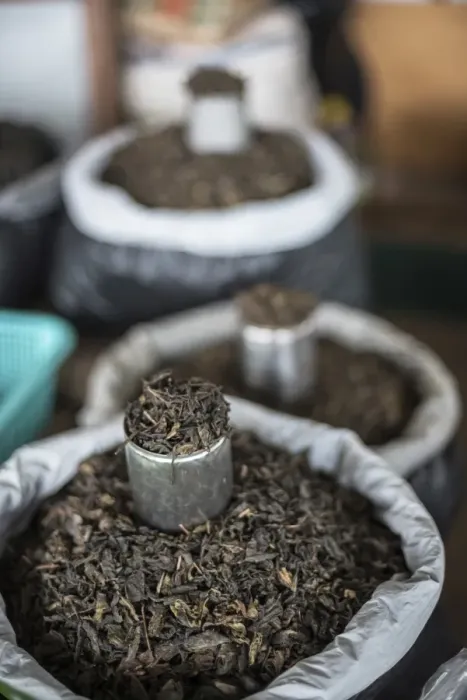 Framed Print : Tea leaves in Hpa An Morning Market, Kayin State (Karen State), Myanmar (Burma), Asia