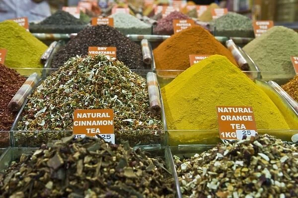 Tea and spices for sale in Spice Bazaar, Istanbul, Turkey, Western Asia