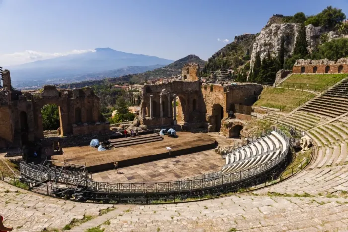 Framed Print : Teatro Greco (Greek Theatre), view of the amphitheatre and Mount Etna Volcano, Taormina, Sicily, Italy, Europe Framed Print : Teatro Greco (Greek Theatre), view of the amphitheatre and Mount Etna Volcano, Taormina, Sicily, Italy, Europe
