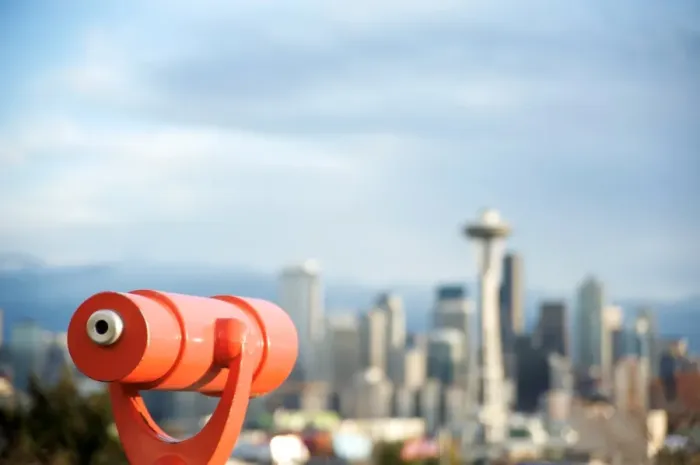 Framed Print : Telescope with view of Seattle skyline in distance, Kerry Park, Seattle, Washington State, United States of America, North America Framed Print : Telescope with view of Seattle skyline in distance, Kerry Park, Seattle, Washington State, United States of America, North America