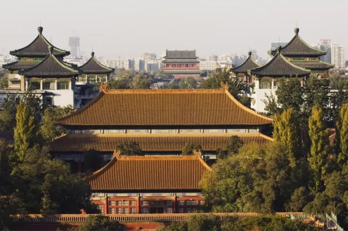 Framed Print : Temple buildings in Jingshan Park looking down to the Drum tower in the distance Framed Print : Temple buildings in Jingshan Park looking down to the Drum tower in the distance