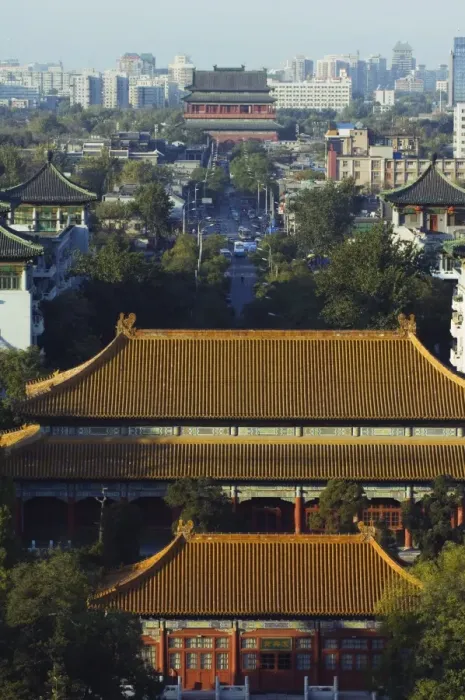 Framed Print : Temple buildings in Jingshan Park looking down to the Drum tower in the distance Framed Print : Temple buildings in Jingshan Park looking down to the Drum tower in the distance
