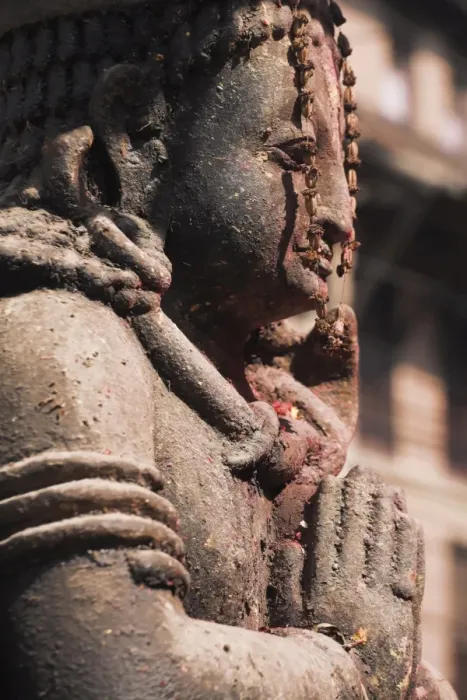 Framed Print : Temple statue adorned with red pigment, Patan, Bagmati, Nepal, Asia