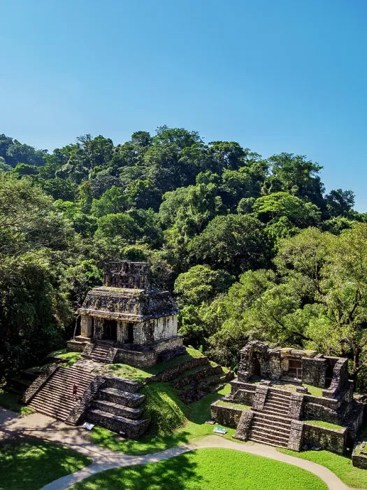 Framed Print : Temple of the Sun and Temple XIV, elevated view, Palenque Archaeological Site, Palenque, Chiapas State, Mexico