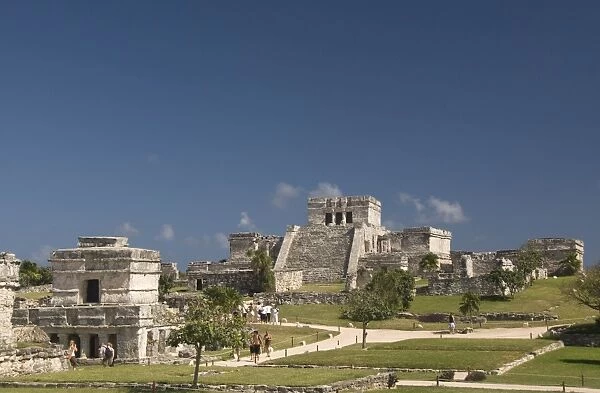 Templo de las Pinturas (Temple of Pictures) on left with El Castillo (the Castle) on right at the Mayan ruins of Tulum, Quintana Roo, Mexico