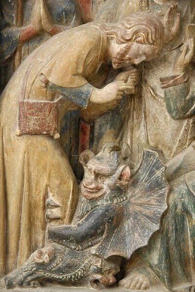 Detail of temptation by the devil, on a 14th century retable depicting St