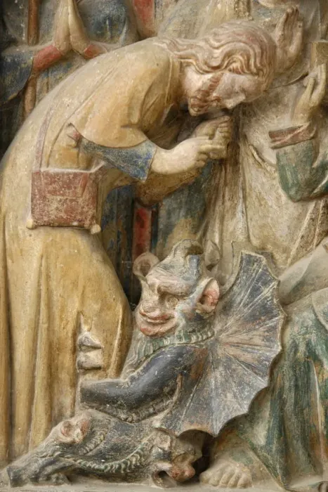 Framed Print : Detail of temptation by the devil, on a 14th century retable depicting St Framed Print : Detail of temptation by the devil, on a 14th century retable depicting St