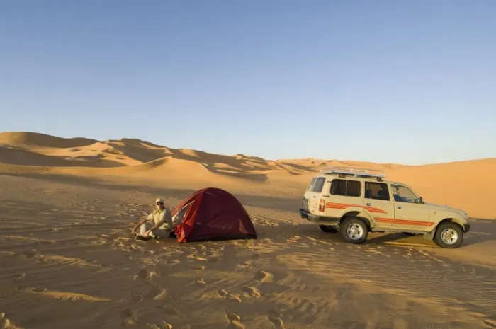 Framed Print : Tent and SUV in desert
