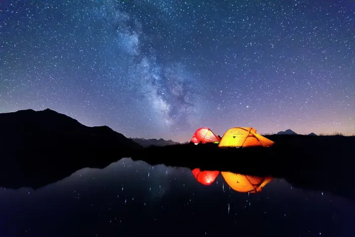 Framed Print : Tents reflected in the alpine lake on a starry night, Mont De La Saxe, Courmayeur Framed Print : Tents reflected in the alpine lake on a starry night, Mont De La Saxe, Courmayeur