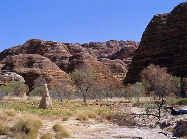 Termite mound, grasses and trees with typical rounded rocks in the background