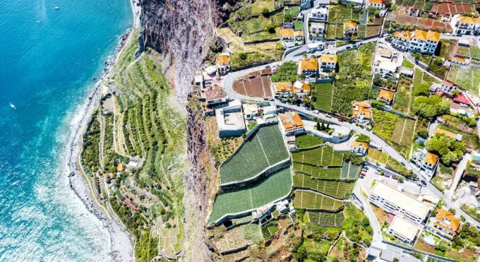 Framed Print : Terraced green fields by the turquoise ocean from above, Camara de Lobos, Madeira island Framed Print : Terraced green fields by the turquoise ocean from above, Camara de Lobos, Madeira island