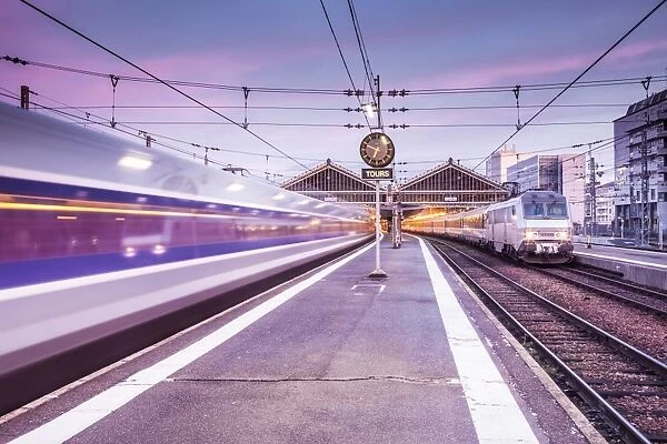 A TGV high speed train leaves the train station in Tours, Indre et Loire, Centre