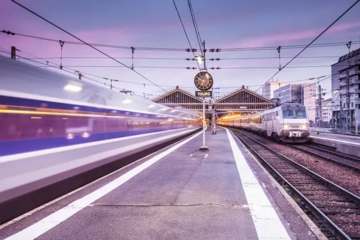 Framed Print : A TGV high speed train leaves the train station in Tours, Indre et Loire, Centre Framed Print : A TGV high speed train leaves the train station in Tours, Indre et Loire, Centre
