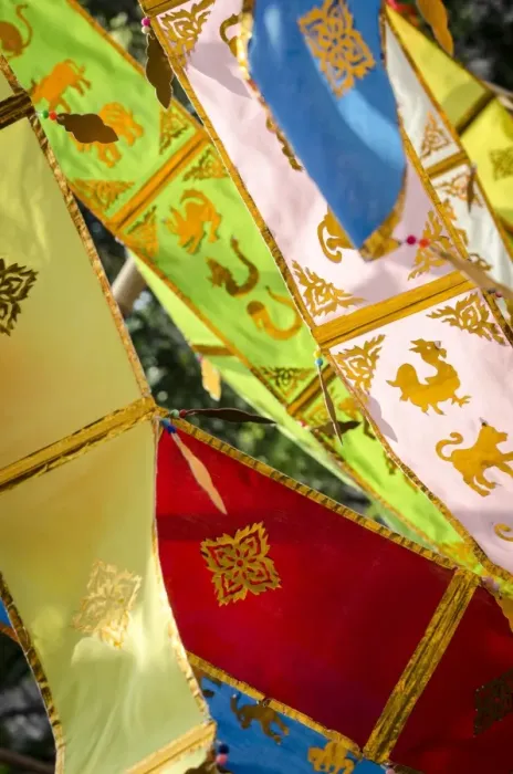 Framed Print : Thai New Year decorations blow in the wind, Wat Chedi Luang, Chiang Mai, Thailand, Southeast Asia, Asia