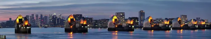 Framed Print : Thames Barrier dusk panorama with Canary Wharf beyond, London, England, United Kingdom, Europe