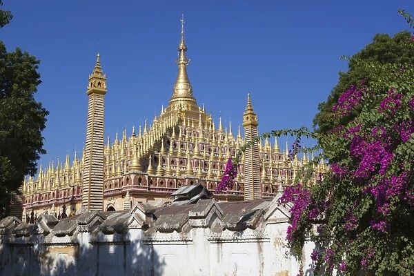 Thanboddhay Paya (pagoda) with rows of gilt mini-stupas on roof, near Monywa, Monywa Region, Myanmar (Burma), Asia