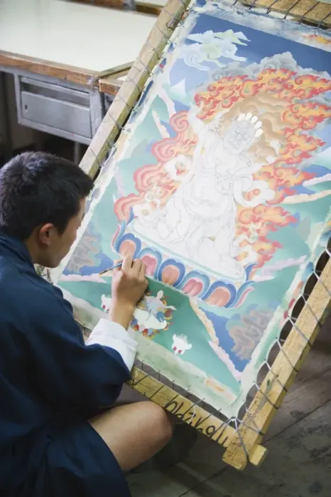 Framed Print : Thangka painter at the National Institute for Zorig Chusum Pedzoe, (Painting School) Framed Print : Thangka painter at the National Institute for Zorig Chusum Pedzoe, (Painting School)