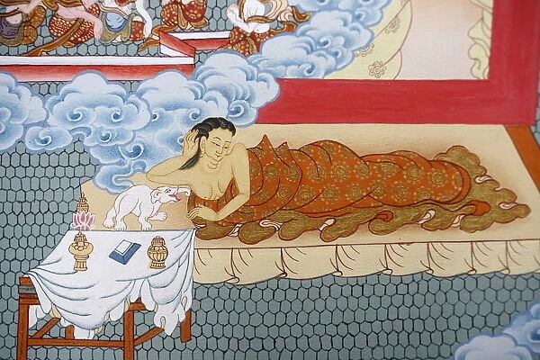 Thangka painting of Buddhas mother dreaming of a white elephant, Bhaktapur, Nepal