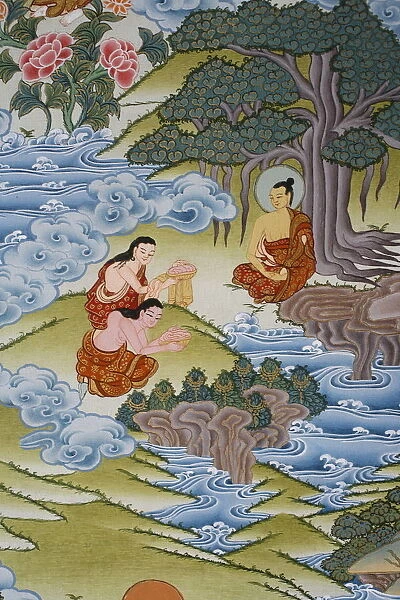 Thangka painting of Sujata giving milk rice to Buddha, Bhaktapur, Nepal, Asia