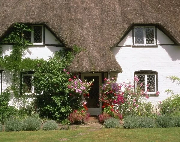 Thatched cottage with hanging baskets full of summer flowers in Dorset