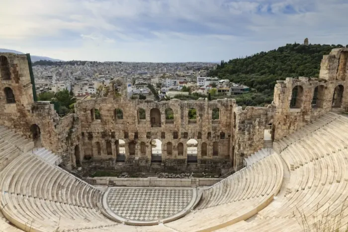 Framed Print : Theatre of Herod Atticus below the Acropolis with the Hill of Philippapos and city view