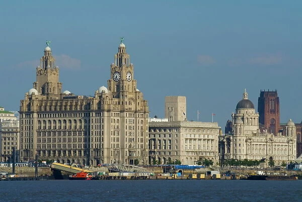 TheThree Graces and cathedral from the River Mersey ferry, Liverpool, Merseyside