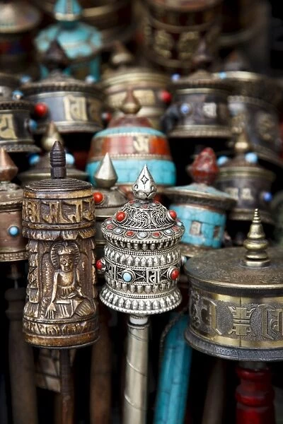 Tibetan prayer wheels for sale at the UNESCO World Heritage Site of Bodhnath Stupa