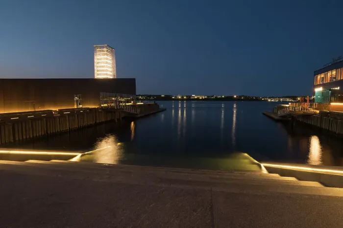 Framed Print : Tidal Beacon art installation, Queens Marque, Downtown Halifax Waterfront at sunset, Halifax, Nova Scotia, Canada, North America