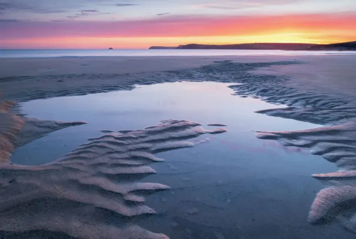Framed Print : Tidal pools on a deserted sandy beach at sunrise, Harlyn Bay, Cornwall, England, United Kingdom, Europe Framed Print : Tidal pools on a deserted sandy beach at sunrise, Harlyn Bay, Cornwall, England, United Kingdom, Europe
