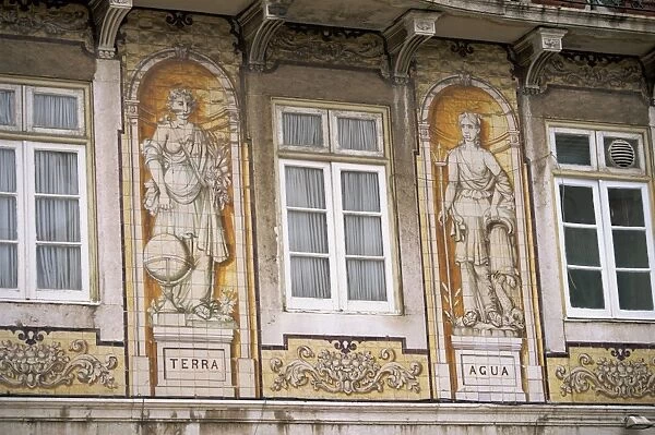 Tiled facade of building in the old Baixa district, Lisbon, Portugal, Europe