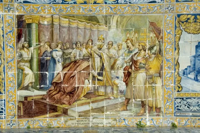 Framed Print : Tiled seating depicting various parts of historic Spain Framed Print : Tiled seating depicting various parts of historic Spain