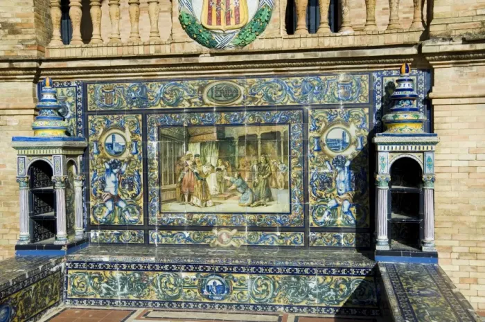 Framed Print : Tiled seating depicting various parts of historic Spain Framed Print : Tiled seating depicting various parts of historic Spain