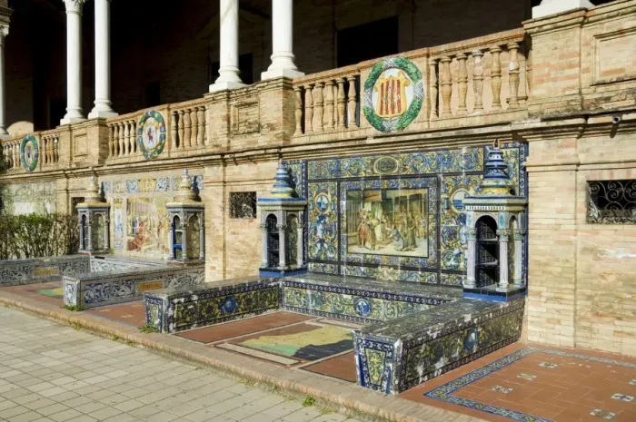 Framed Print : Tiled seating depicting various parts of historic Spain Framed Print : Tiled seating depicting various parts of historic Spain