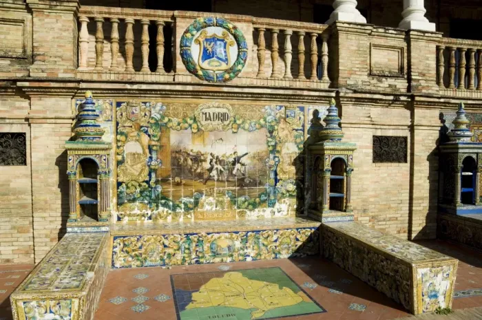 Framed Print : Tiled seating depicting various parts of historic Spain