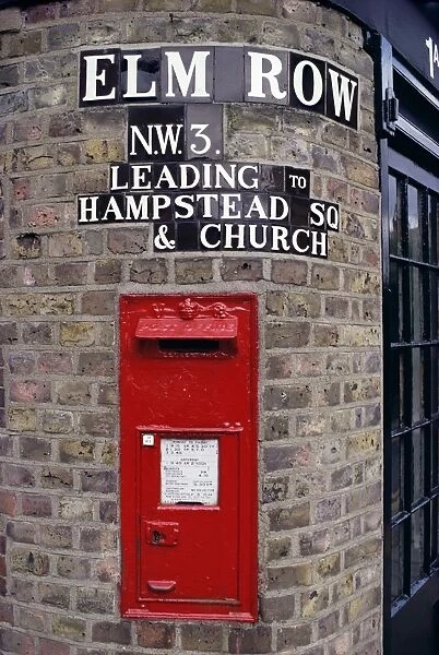 Tiled street name and postbox, Hampstead, London, England, United Kingdom, Europe