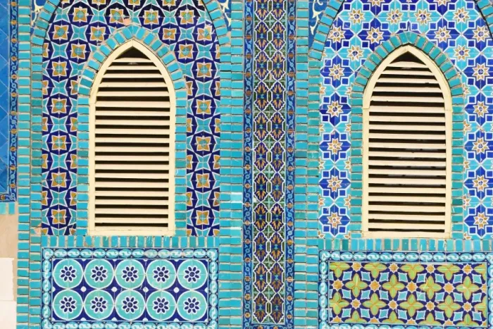 Framed Print : Tiling round shuttered windows, Shrine of Hazrat Ali, who was assissinated in 661 Framed Print : Tiling round shuttered windows, Shrine of Hazrat Ali, who was assissinated in 661