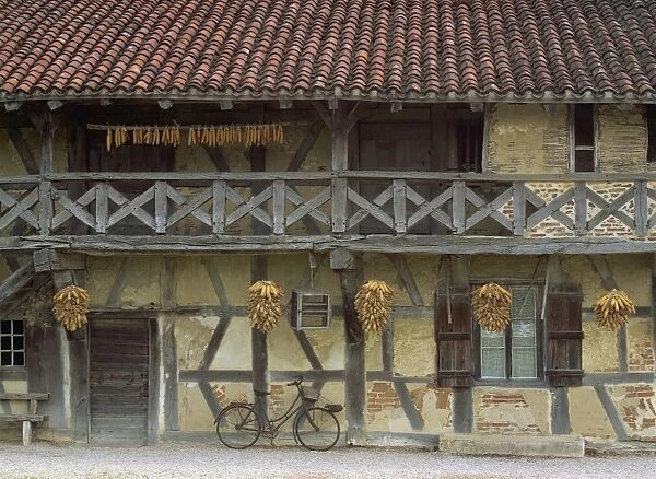 Timbered house with verandah, with maize bundles hanging to dry, and a bicycle parked outside in Ferme de la Foret near Bresse, Ain, Rhone Alpes