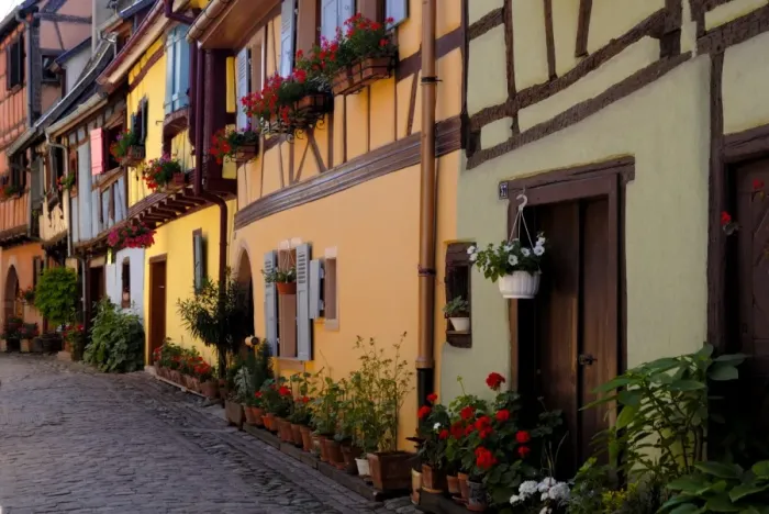 Framed Print : Timbered houses on cobbled street Framed Print : Timbered houses on cobbled street