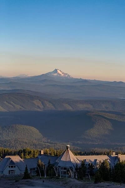 Timberline Lodge hotel and Mount Jefferson seen from Mount Hood, part of the Cascade Range