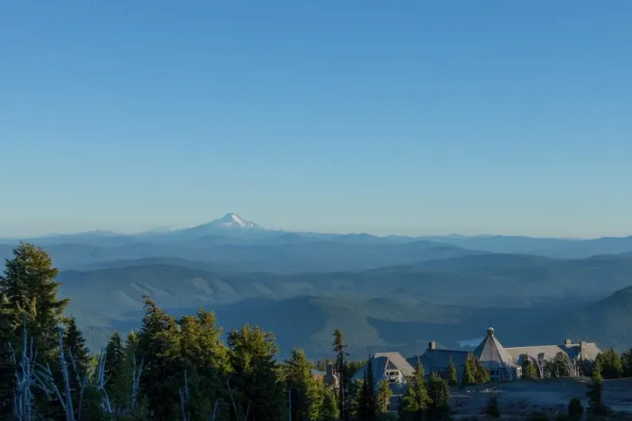Framed Print : Timberline Lodge hotel and Mount Jefferson seen from Mount Hood, part of the Cascade Range
