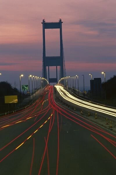 Time-lapsed view of traffic crossing the First (Old) Severn Bridge, Avon