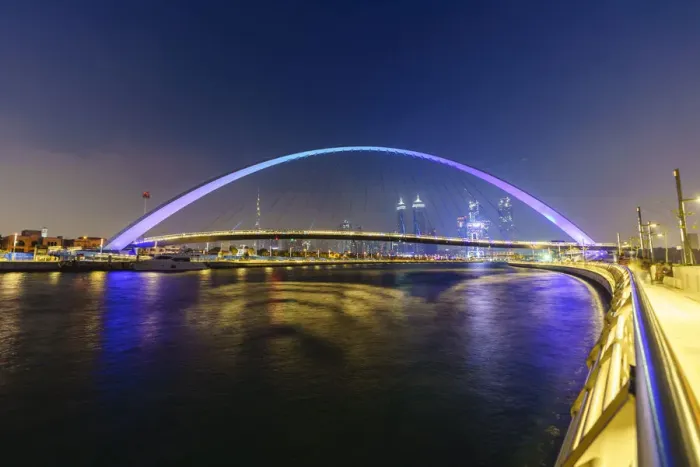 Framed Print : Tolerance Bridge, a pedestrian bridge spanning Dubai Water Canal illuminated at night Framed Print : Tolerance Bridge, a pedestrian bridge spanning Dubai Water Canal illuminated at night