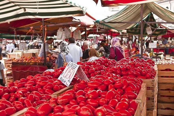 Tomatoes on sale at the open air market of Piazza della Repubblica, Turin, Piedmont, Italy, Europe