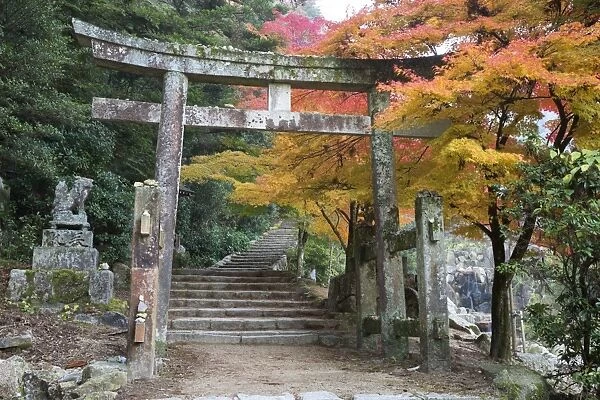 Torii gate and steps of Daisho-in temple in autumn, Miyajima Island, Western Honshu