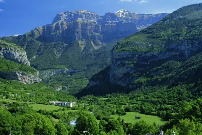 Framed Print : Torla, the verdant Ara valley and Mondarruego Framed Print : Torla, the verdant Ara valley and Mondarruego